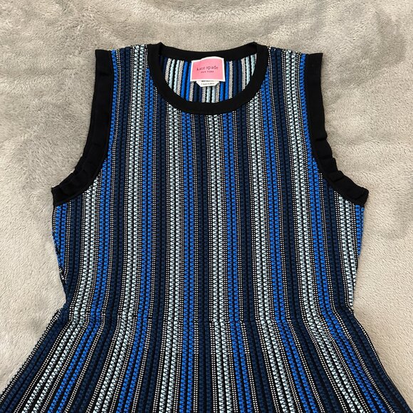 Kate Spade Sleeveless Textured Sweater Dress Fit and Flare LARGE Blue Stripe - Picture 2 of 6